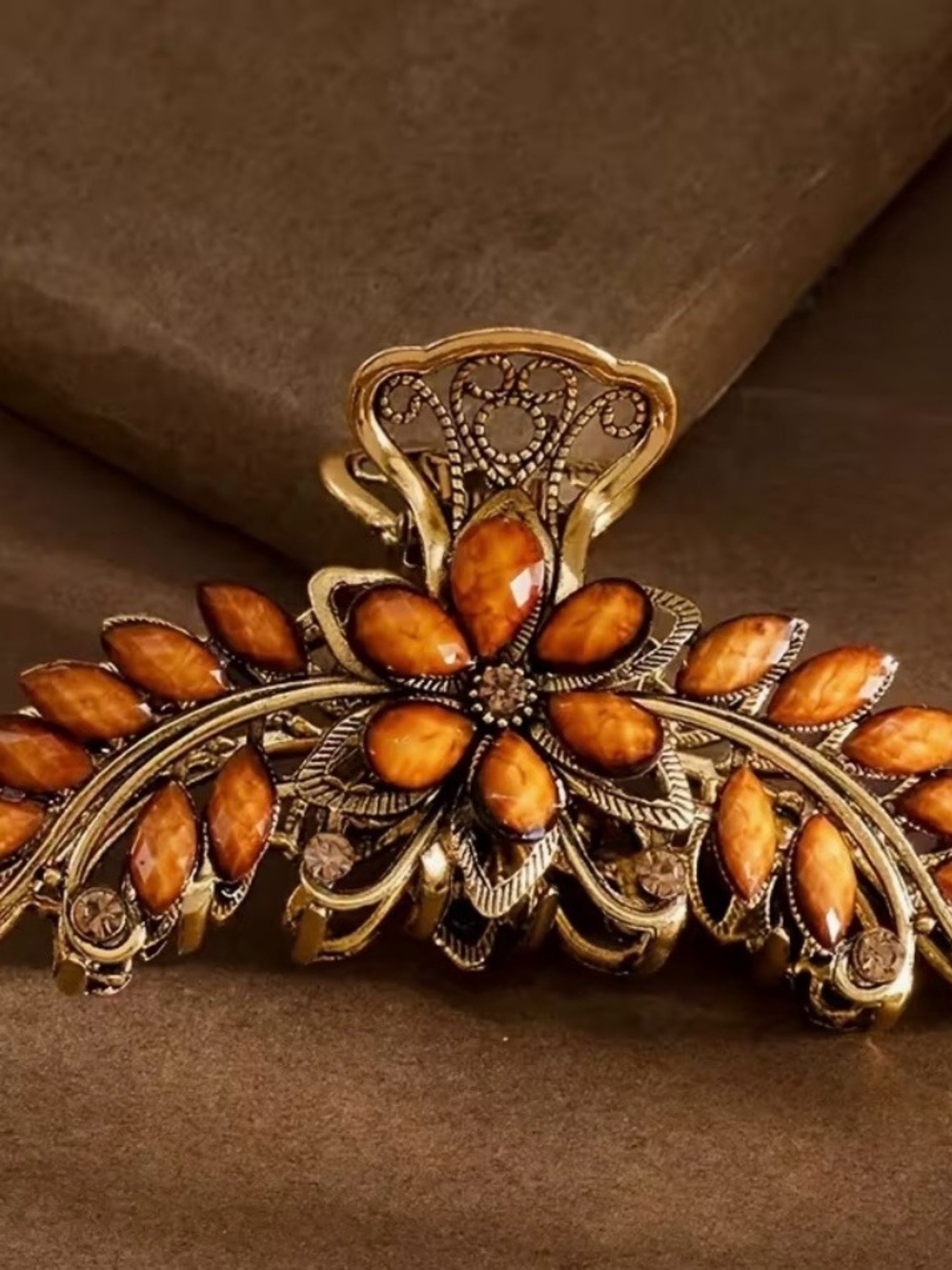 Gold-Tone Floral Hair Clip with Amber Stones